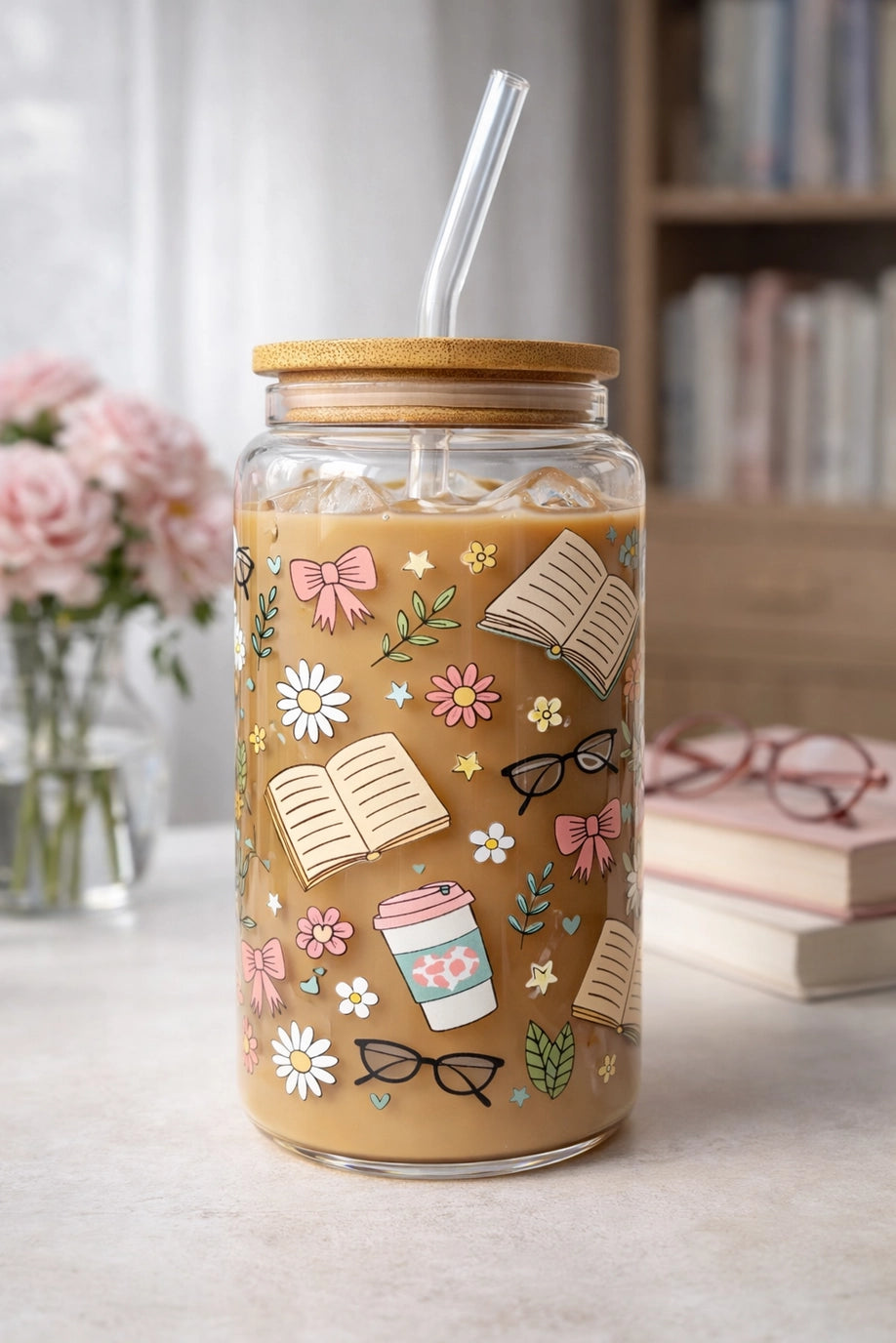 Bookish Floral drikkeglass med bambuslokk og glassugerør