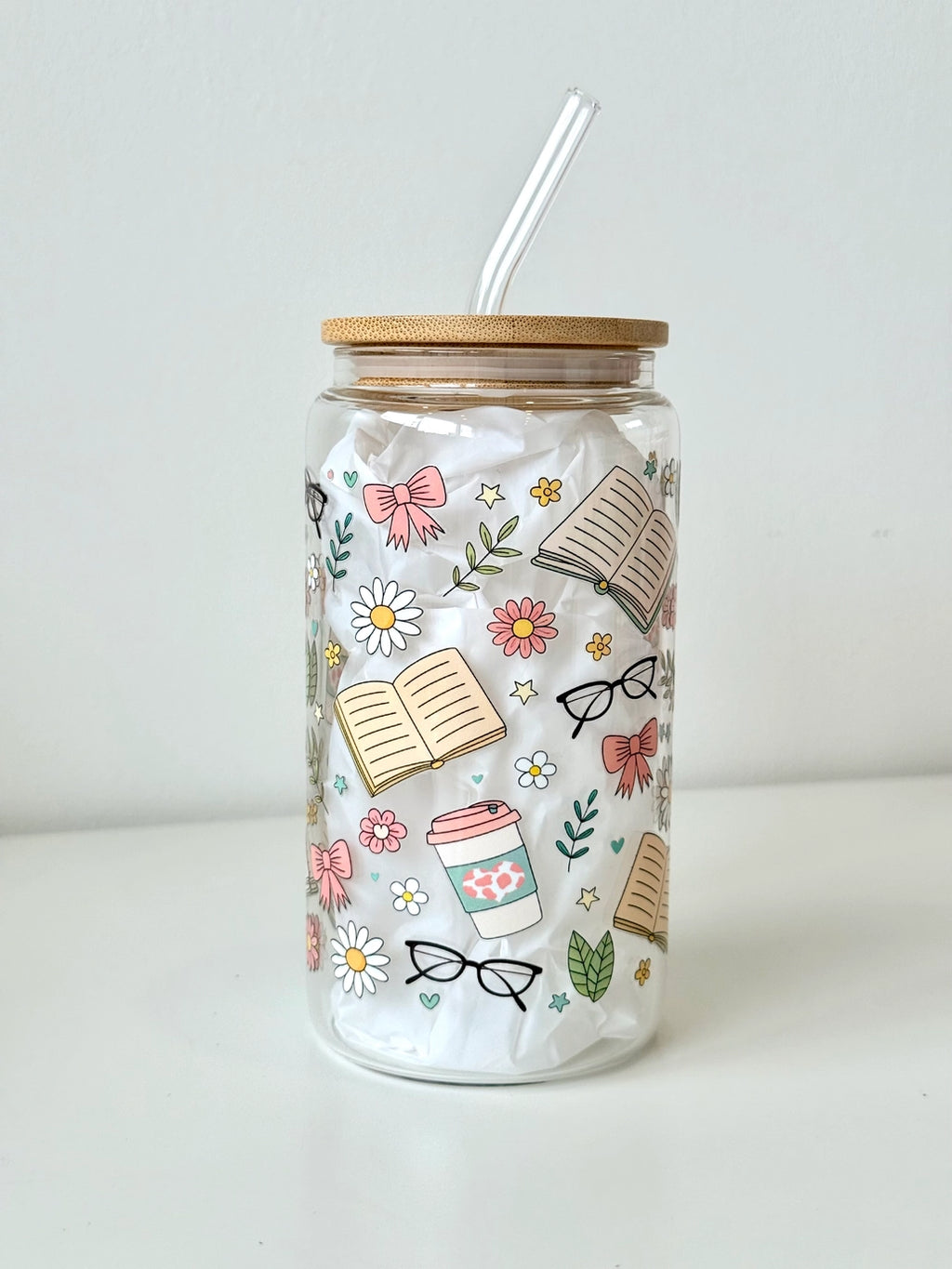 Bookish Floral drikkeglass med bambuslokk og glassugerør