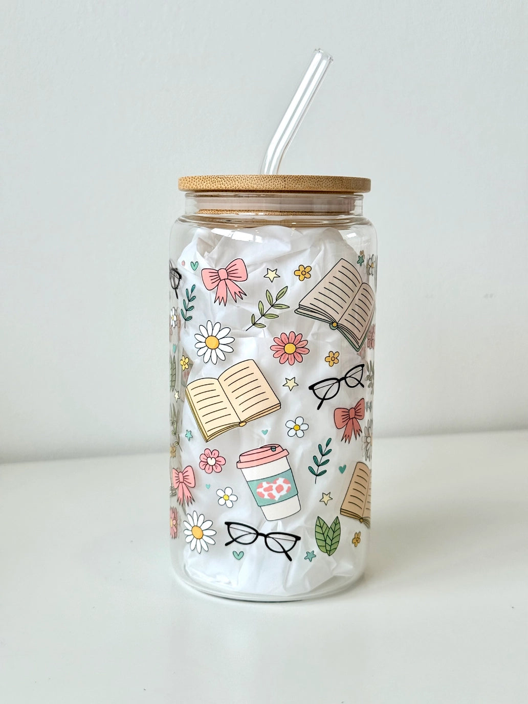 Bookish Floral drikkeglass med bambuslokk og glassugerør