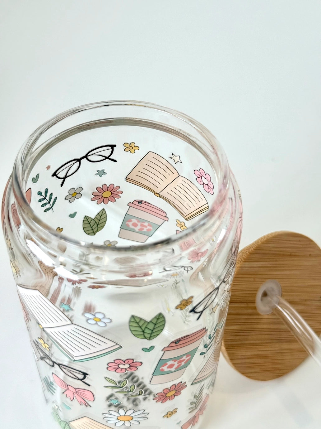 Bookish Floral drikkeglass med bambuslokk og glassugerør