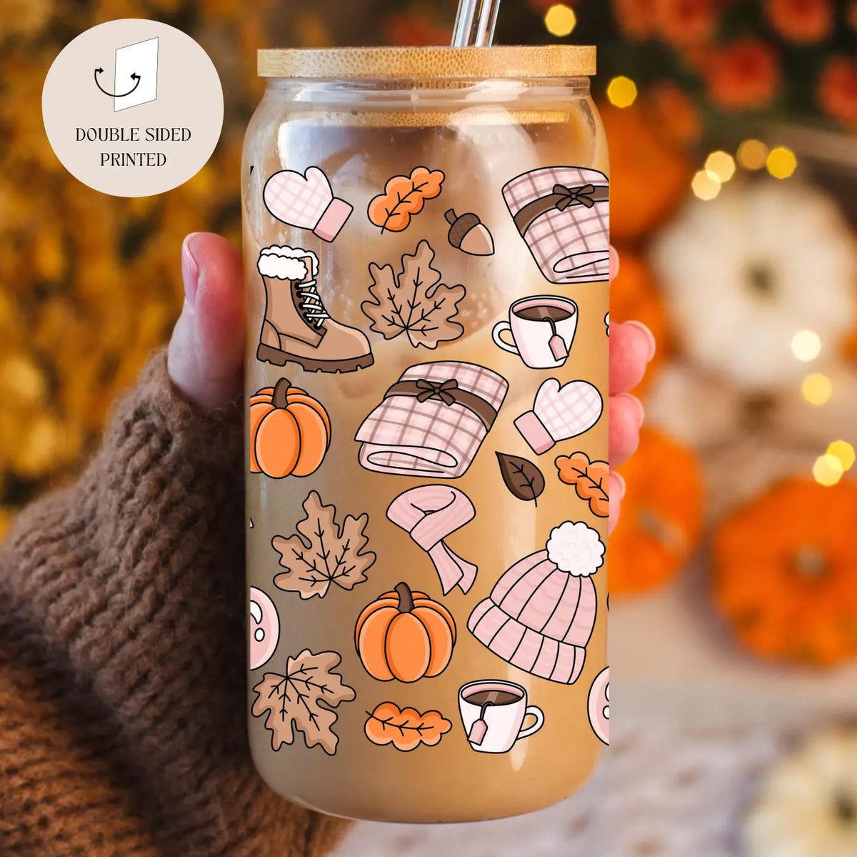 Cozy Autumn Vibes drikkeglass med bambuslokk og glassugerør