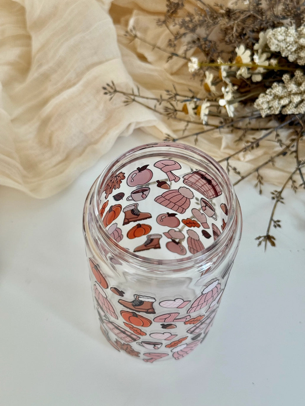 Cozy Autumn Vibes drikkeglass med bambuslokk og glassugerør