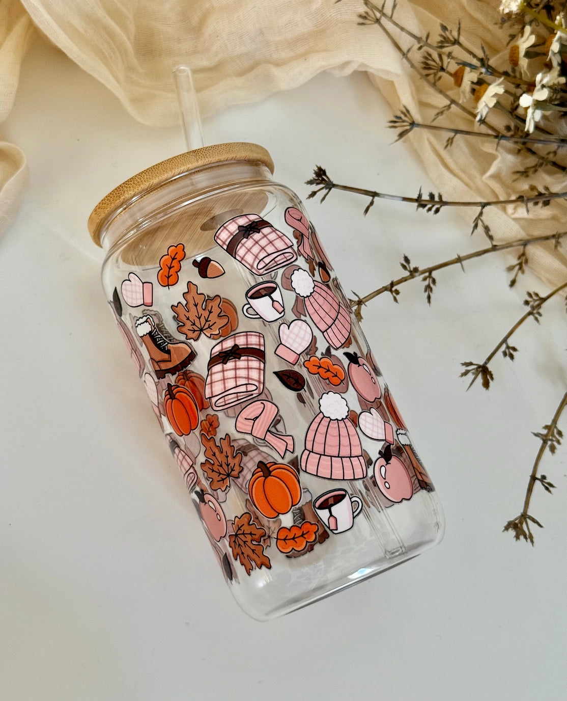 Cozy Autumn Vibes drikkeglass med bambuslokk og glassugerør