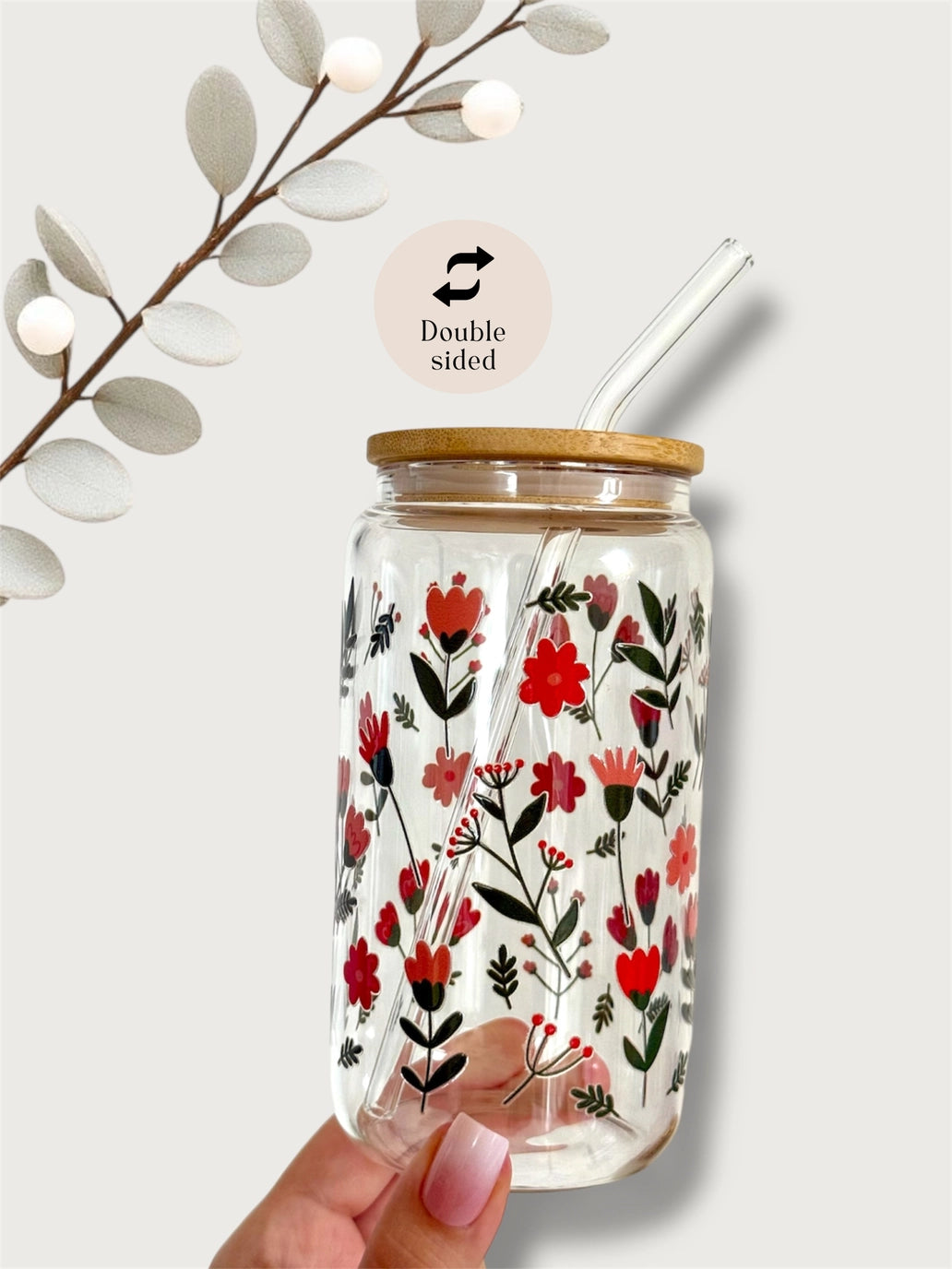 Red Flower Garden drikkeglass med bambuslokk og glassugerør