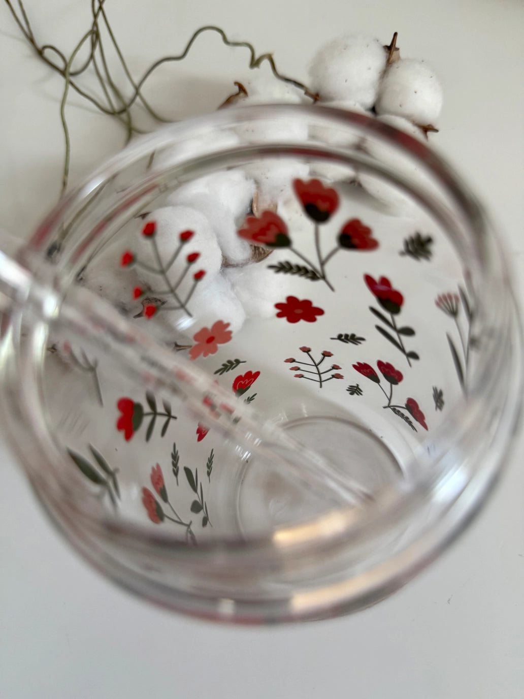 Red Flower Garden drikkeglass med bambuslokk og glassugerør