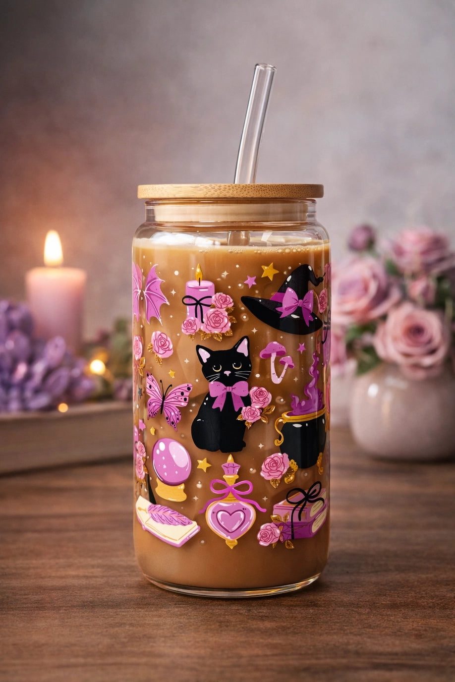 Witchy Cat drikkeglass med bambuslokk og glassugerør
