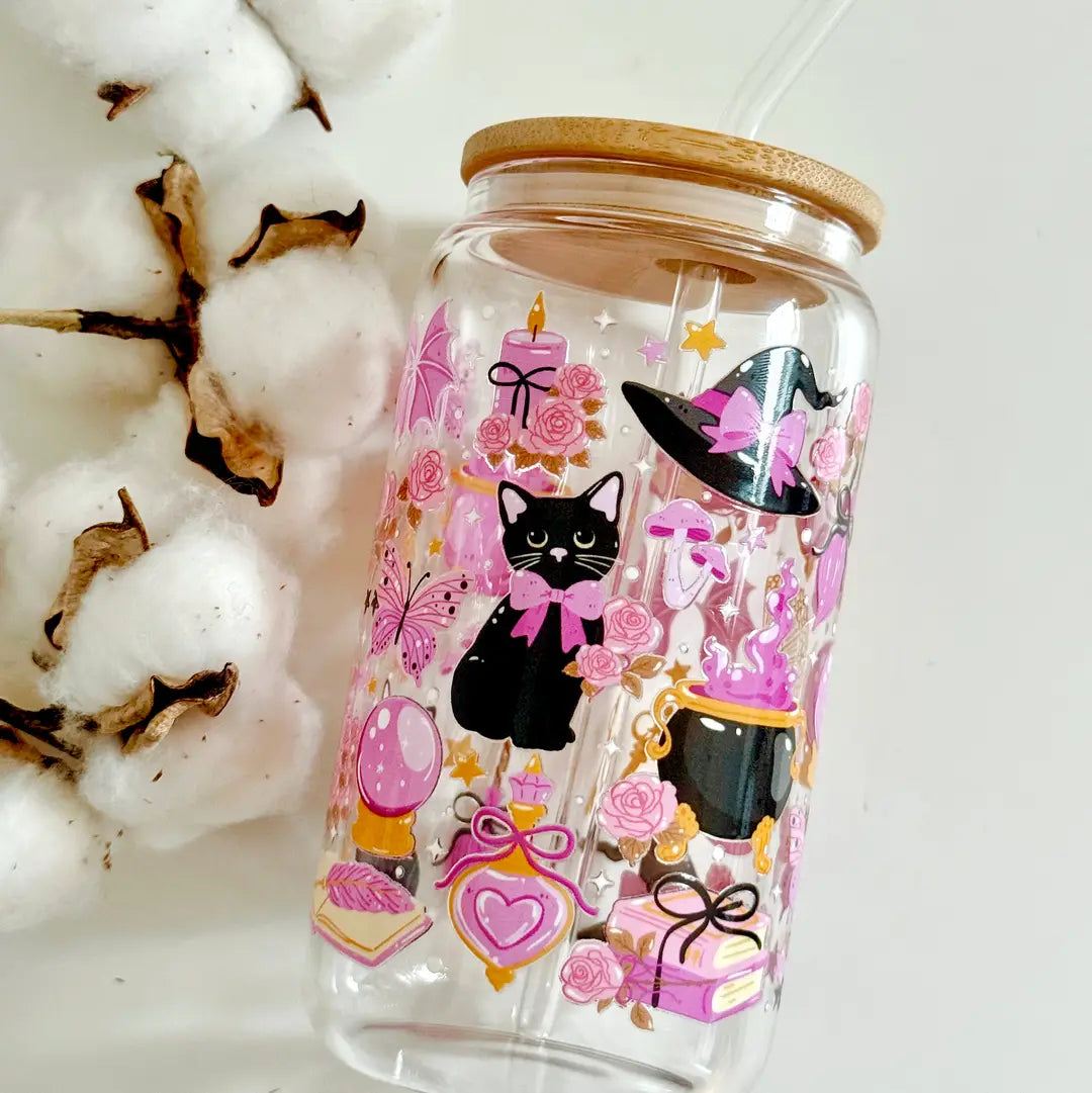 Witchy Cat drikkeglass med bambuslokk og glassugerør