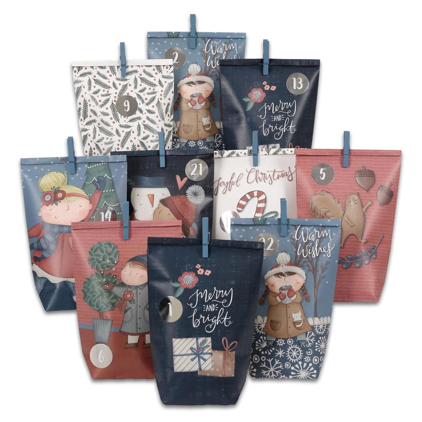 Adventskalender papirposer sett – 24 stk (merry & bright)