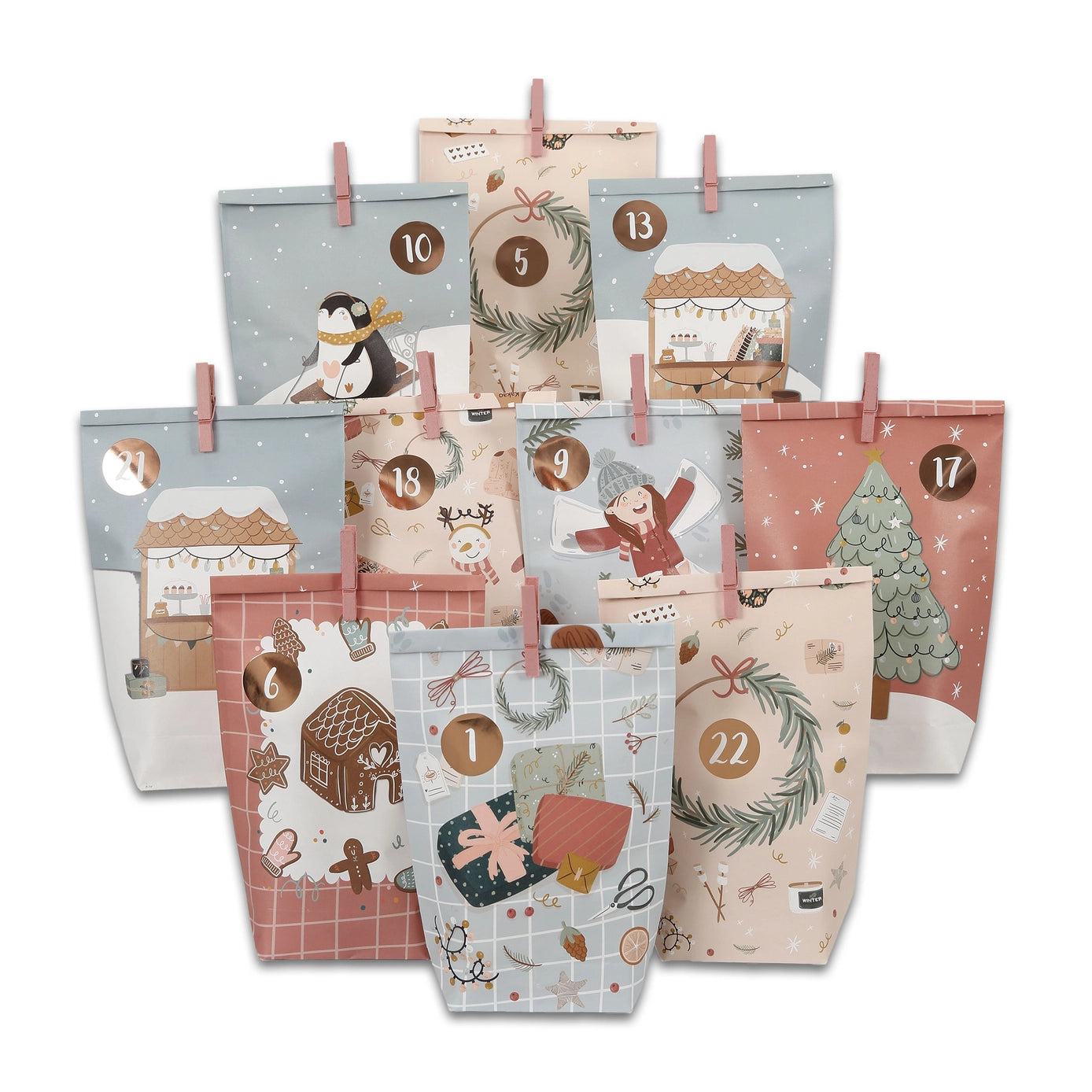 Adventskalender papirposer sett – 24 stk (pepperkake & pingvin)